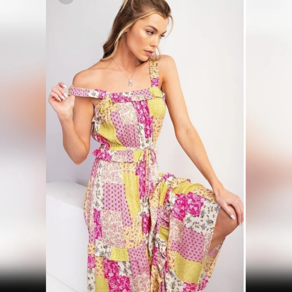 Easel Pink and Lime Ruffled Floral Asymmetrical Tiered Sundress - Picture 3 of 6